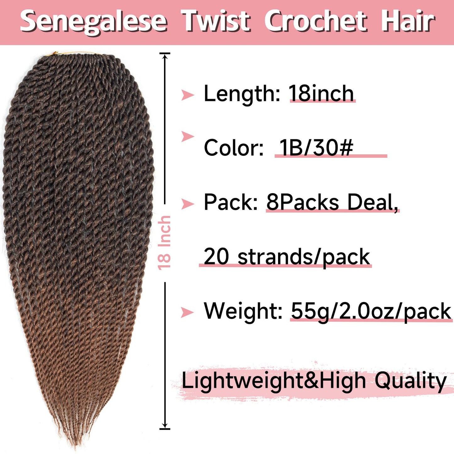 BEFUNNY Senegalese Twist Crochet Hair-8 Packs 18 Inch Two Tone Senegalese Twist Crochet Braids For Women Human Hair,Black/Brown Pre Looped Crochet Braids, Synthetic Twist Crochet Hair (18in,T1B/30#)
