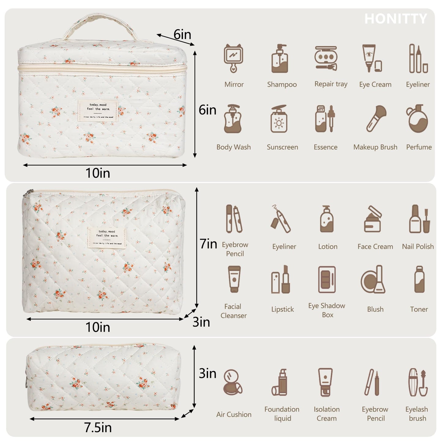 Makeup Bag,Quilted Cosmetic Bags,Large Floral Make Up Organize bag,Makeup Bag Set for Women,Flower Travel Toiletry Bag