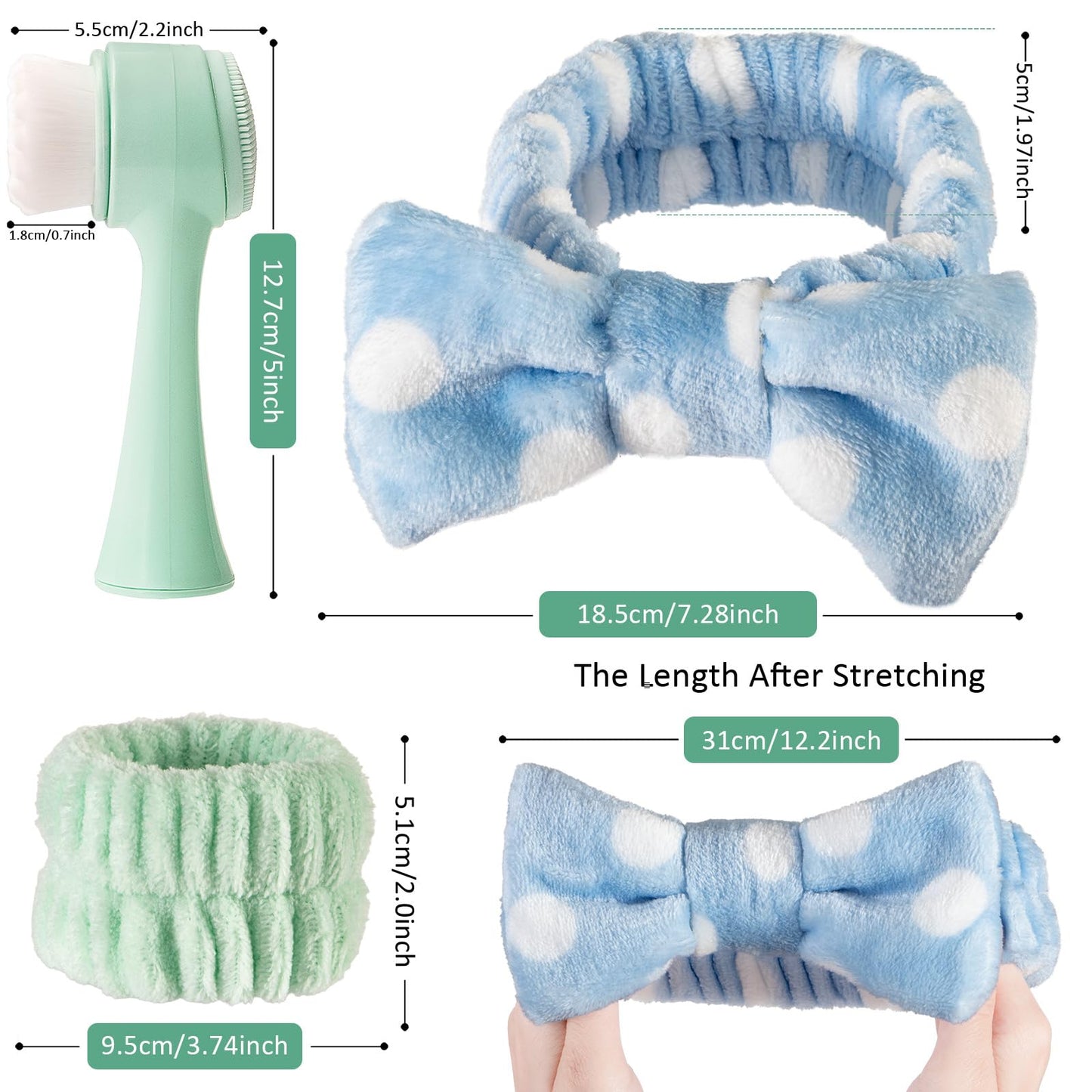 Beomeen Facial Cleansing Brush 2 in 1, Silicone Face Scrubber Dual Face Brush for Deep Pore Cleansing and Exfoliating, Skincare Headband and Wristbands Set for Washing Face, Massaging Spa Makeup, Cyan
