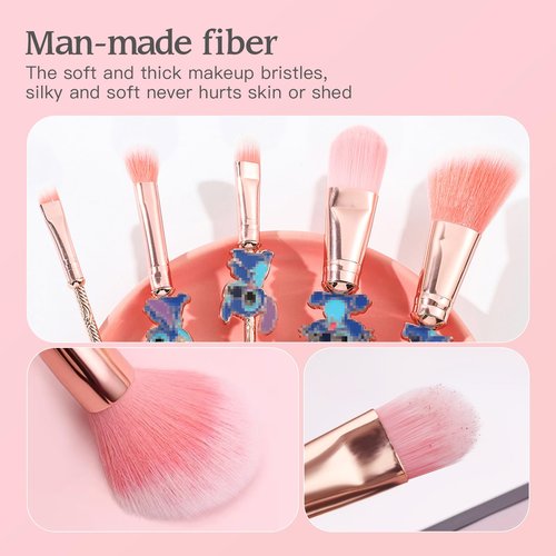 5Pcs Stich Theme Cosmetic Brushes Set, Stich Makeup Brushes Set, Stich Stuff for Young Girl Women- 5pcs Pink