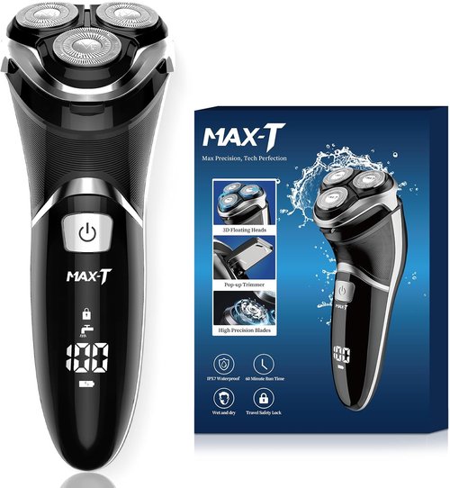 **MAX-T Men's Electric Shaver | Corded & Cordless 3D Rotary Razor with Pop-Up Trimmer, IPX7 Waterproof**