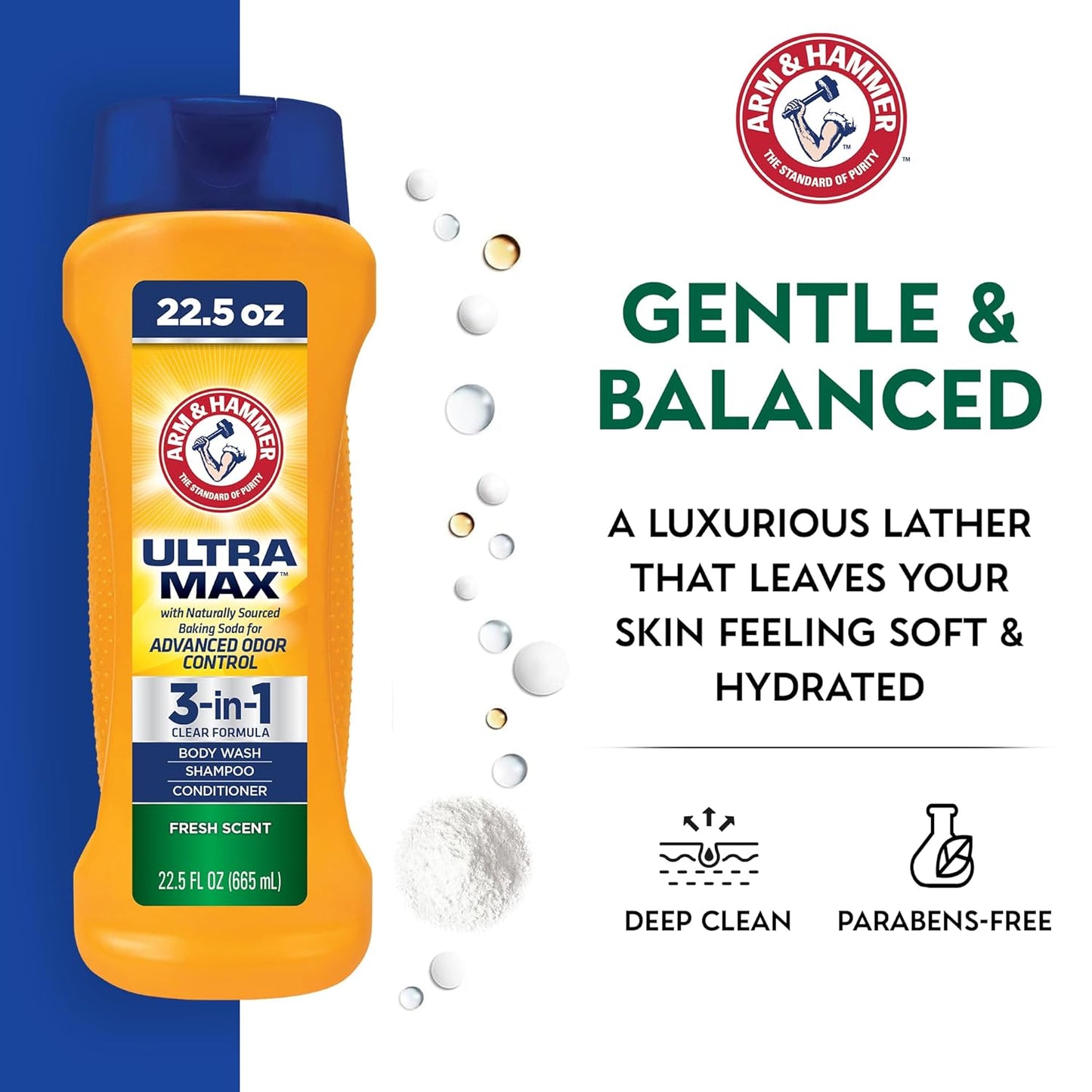 Arm & Hammer Essentials Men's Body Wash - Ultra Max 3-in-1 Cool Water 22.5oz | Shampoo, Conditioner & Body Wash