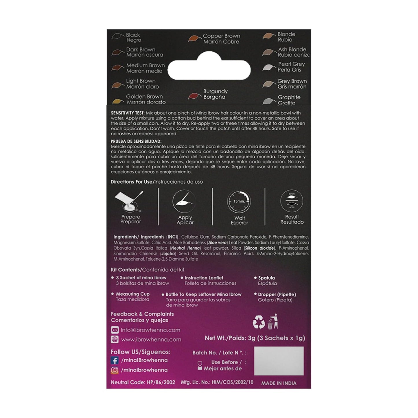 MinaiBrow Instant Hair Dye Kit Black | Natural Spot Coloring Tinting Powder, Water & Smudge Proof | 100% Grey Coverage Upto 30 Applications