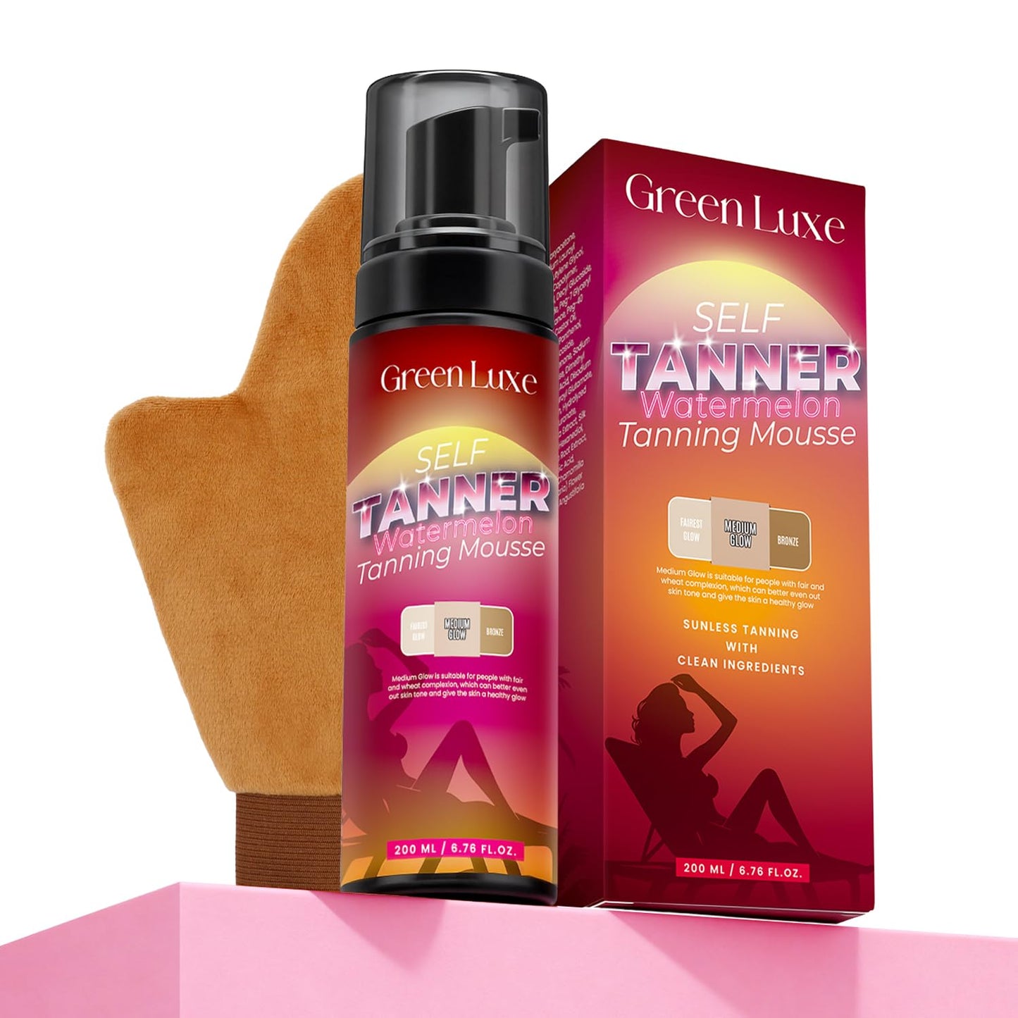 Skiennix Self Tanner Mousse Kit - Hydrating Sunless Tanning Foam with Hyaluronic Acid | Flawless Medium Glow, Watermelon Scent, 6.76 fl. oz