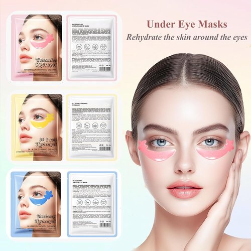 30 Pairs Under Eye Patches,Tri-color Star Under Eye Mask Patches for Sleepover Party,Cooling Eye Patches for Puffy Eyes and Dark Circles,Blueberry+Watermelon+24K Gold Hydrogel Overnight Eye Patches