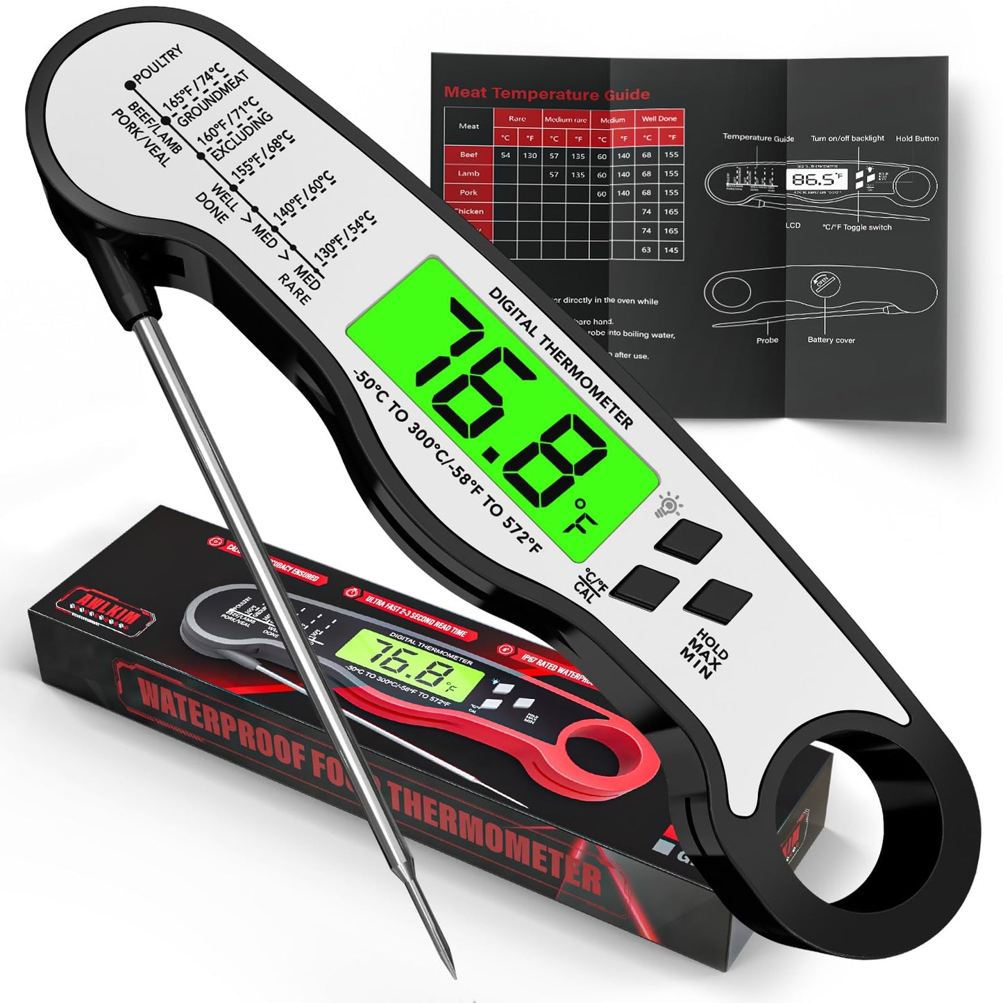 Fast Instant Read Meat Thermometer with Backlight - Waterproof Digital Food Probe for Grilling, Cooking, Baking & Candy Making - Kitchen & BBQ Essential(Black)