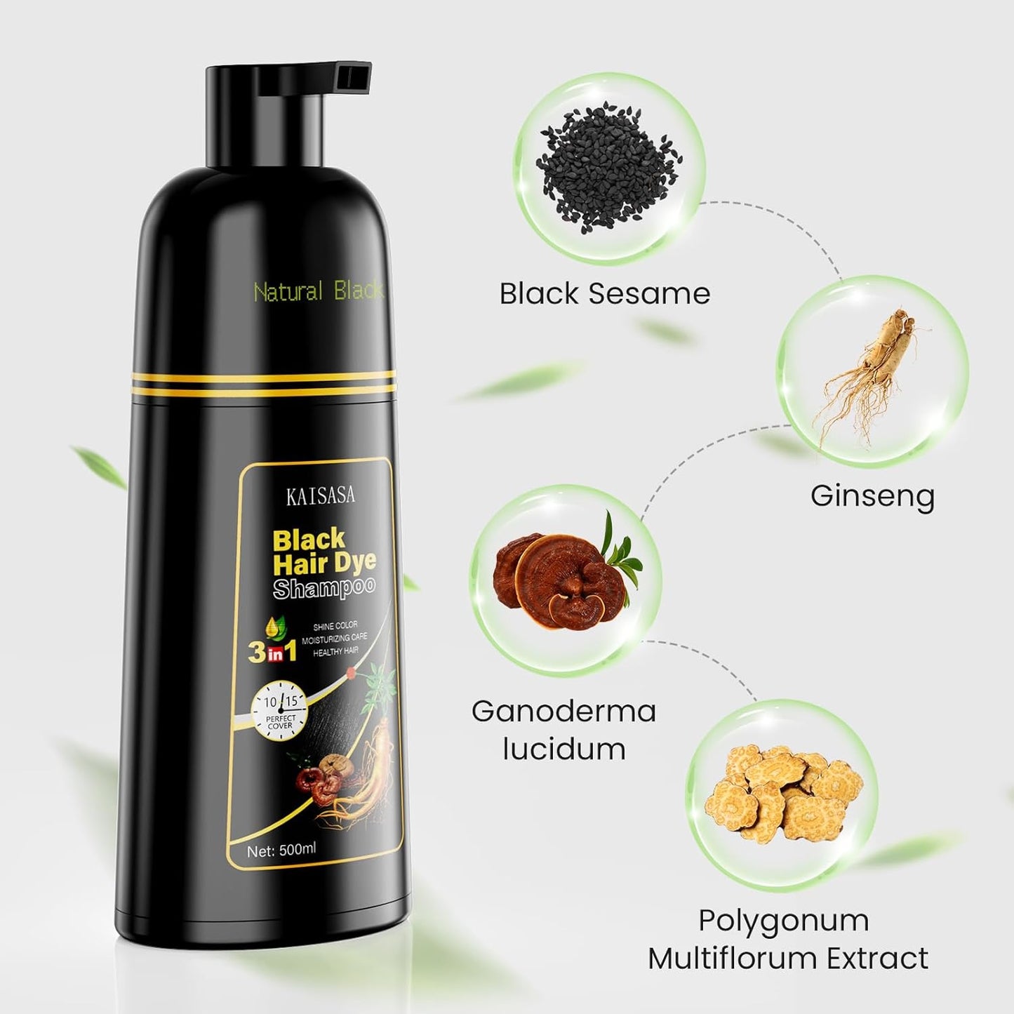 KAISASA Black Hair Dye Shampoo - 3 in 1 Herbal Formula for Gray Coverage | 500ml