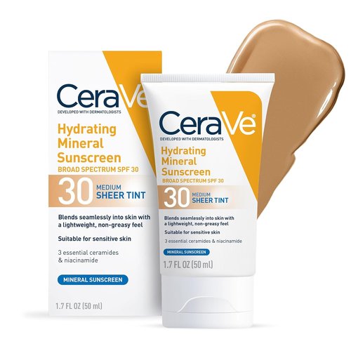 CeraVe Hydrating Mineral Sunscreen SPF 30 - Tinted Zinc Oxide Formula for a Healthy Glow | 1.7 Fl Oz