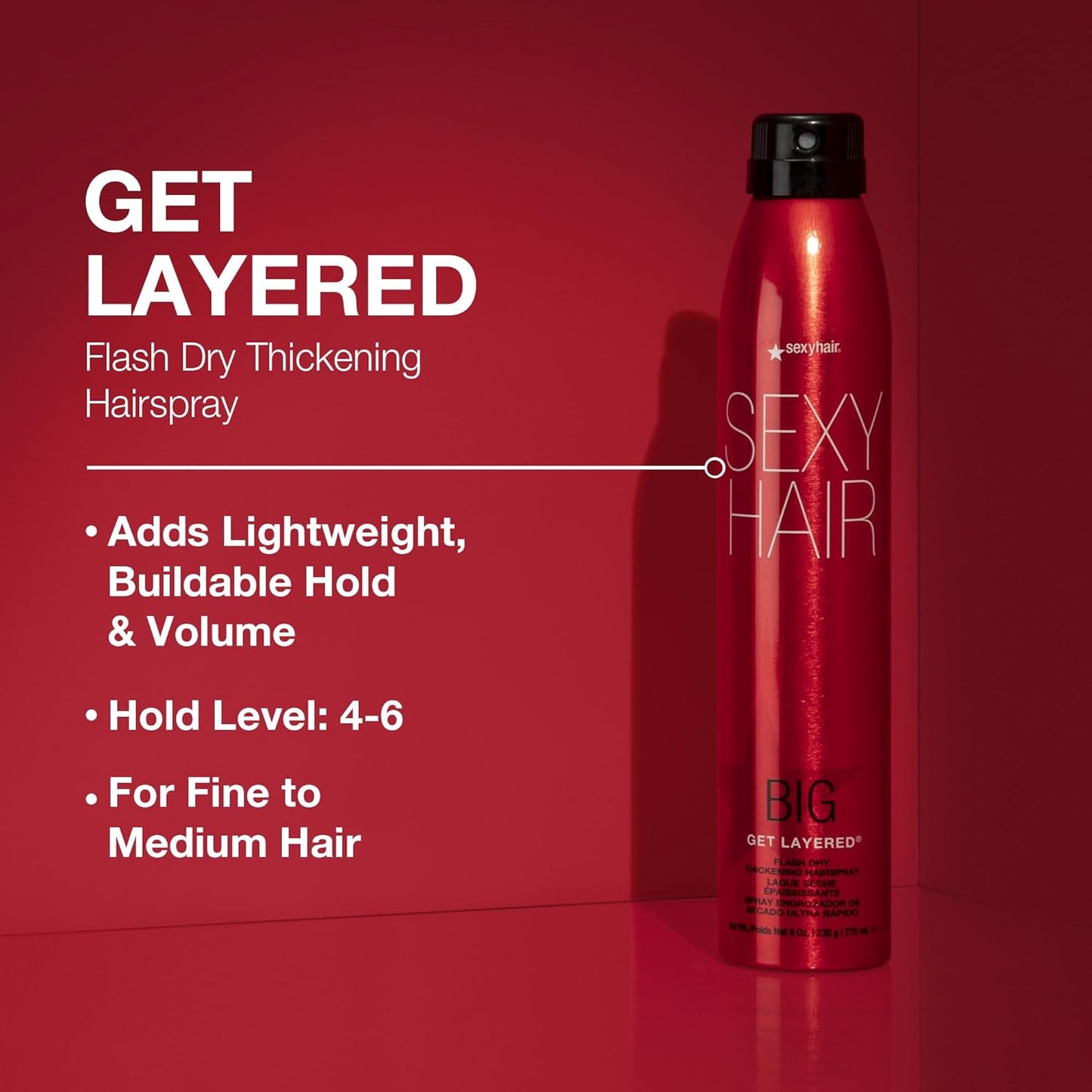 SexyHair Big Get Layered Flash Dry Thickening Hairspray - 8 Oz | Buildable Texture, Volume & Shine