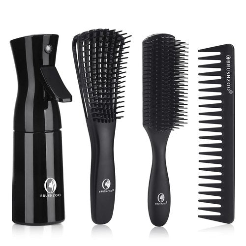 BrushZoo Detangling Hair Brush Set - Perfect for Curly & Natural 3/4ABC Hair | Includes Wide Tooth Comb & Spray Bottle