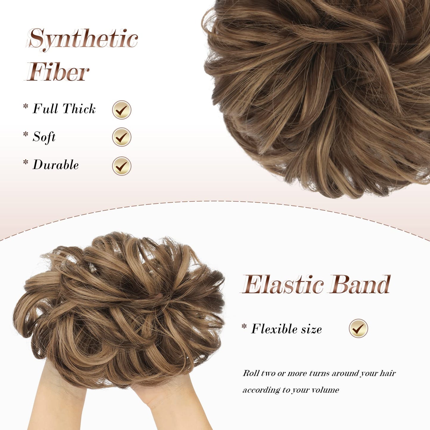 FESHFEN Messy Bun Hair Piece Curly Wavy Large Hair Bun Scrunchies Extensions Light Ash Brown Mixed Golden Brown Synthetic Tousled Updo Hairpieces for Women Girls