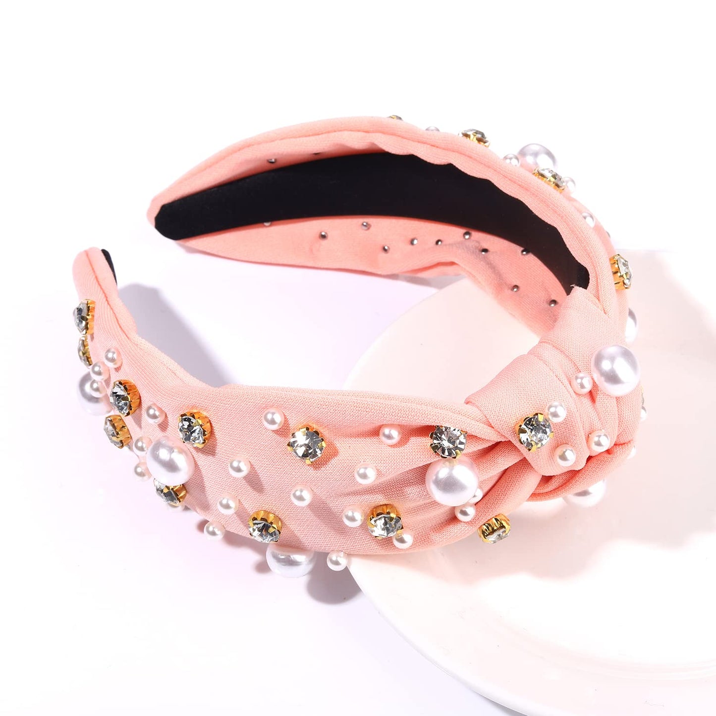 GLBCC Pearl Headband Sparkly Rhinestone Pearls Knot Hairband Wide Knotted Headband Headpiece Spring Summer Pink Black Headbands Headwear Accessories (pink knot hairband)