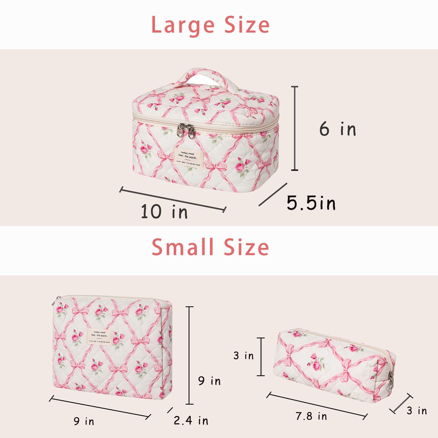 uekeboag 3Pcs Large Travel Quilted Makeup Bag for Women, Floral Cotton Cosmetic Bag, Coquette Aesthetic Floral Toiletry Organizer Bag(3Pcs PinkBow