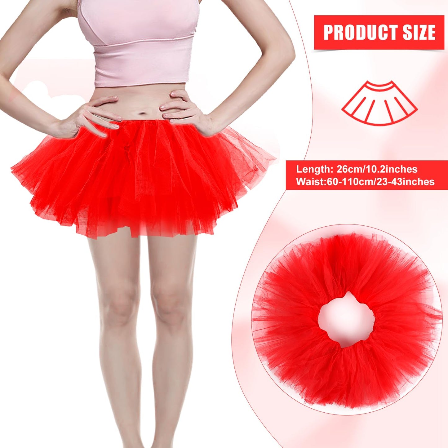 2pcs Tutu Skirts, 5 Layered Tulle Tutu Skirt Elastic Mini Tutu Skirt Layered Ballet Mesh Skirt Tutu Costume Tutu Dress for Women Dace Show Halloween Dress Up Party (Red)