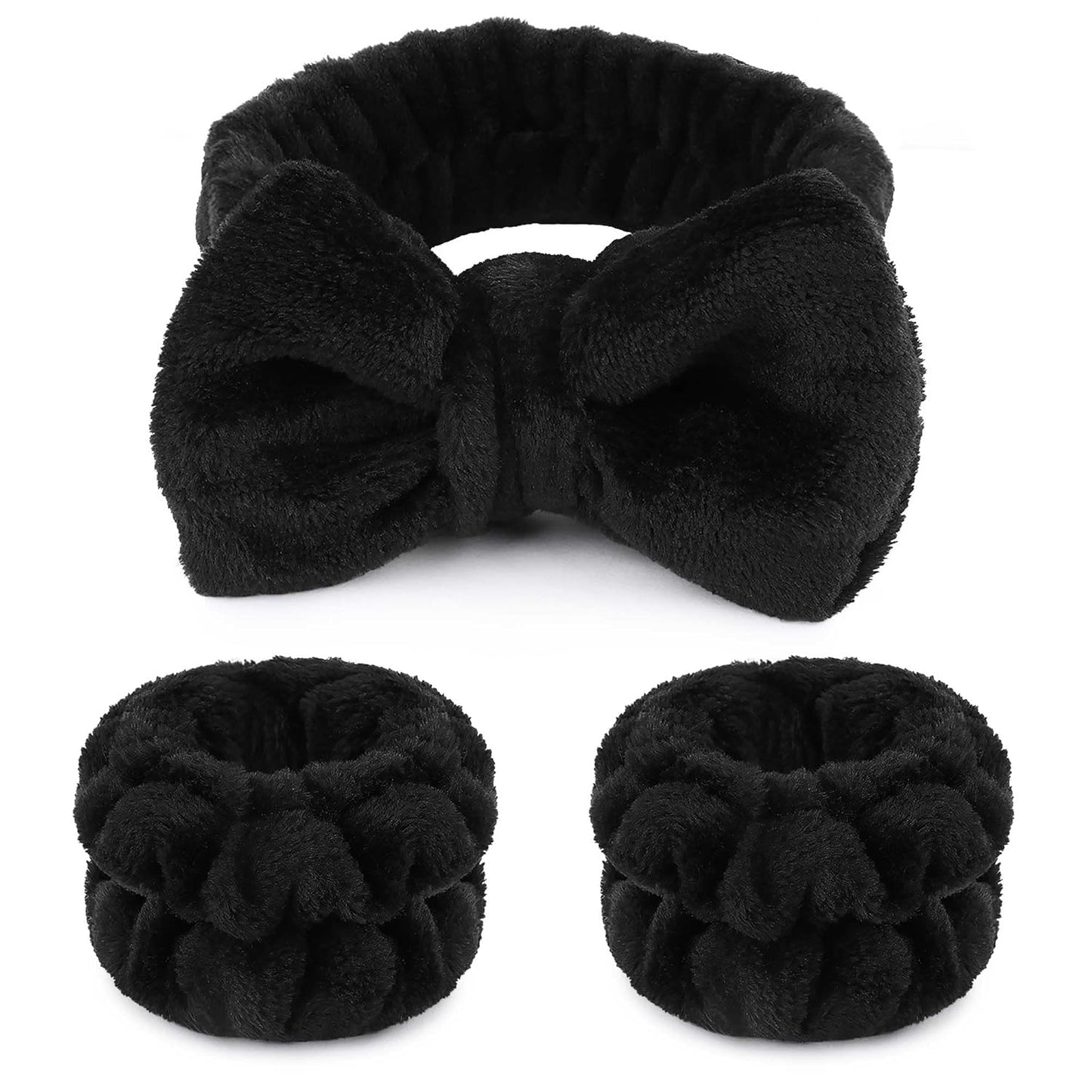 WSYUB Makeup Headband Set - Fluffy Black Spa Headband & 2 Absorbent Wristbands for Skin Care
