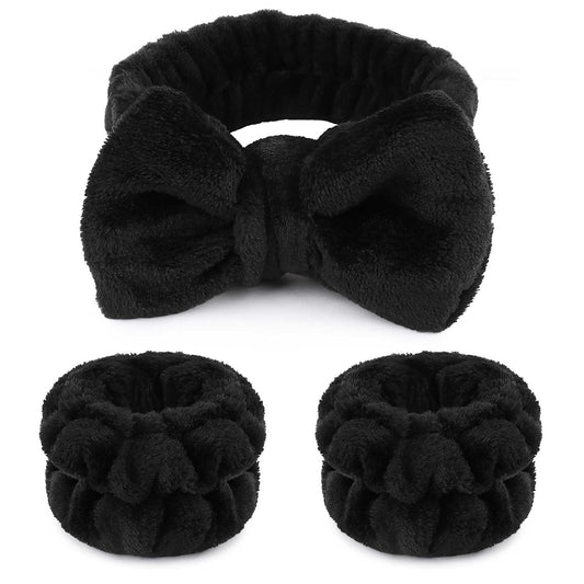 WSYUB Makeup Headband Set - Fluffy Black Spa Headband & 2 Absorbent Wristbands for Skin Care