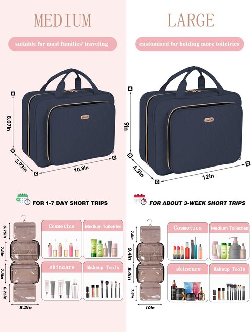 BALULHG Travel Toiletry Bag for Women Large Capacity with Hook - Portable Cosmetic Case,Hanging Makeup Bag for Full Sized Toiletries，Travel Essentials for Business Trips and Camping Blue