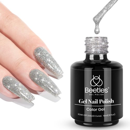 Beetles Reflective Glitter Gel Nail Polish, 15ml Silver Glitter Nail Polish Shimmer Soak Off Uv LED Lamp Gel Nail Art Manicure Salon DIY Home Diamond Gift for Women