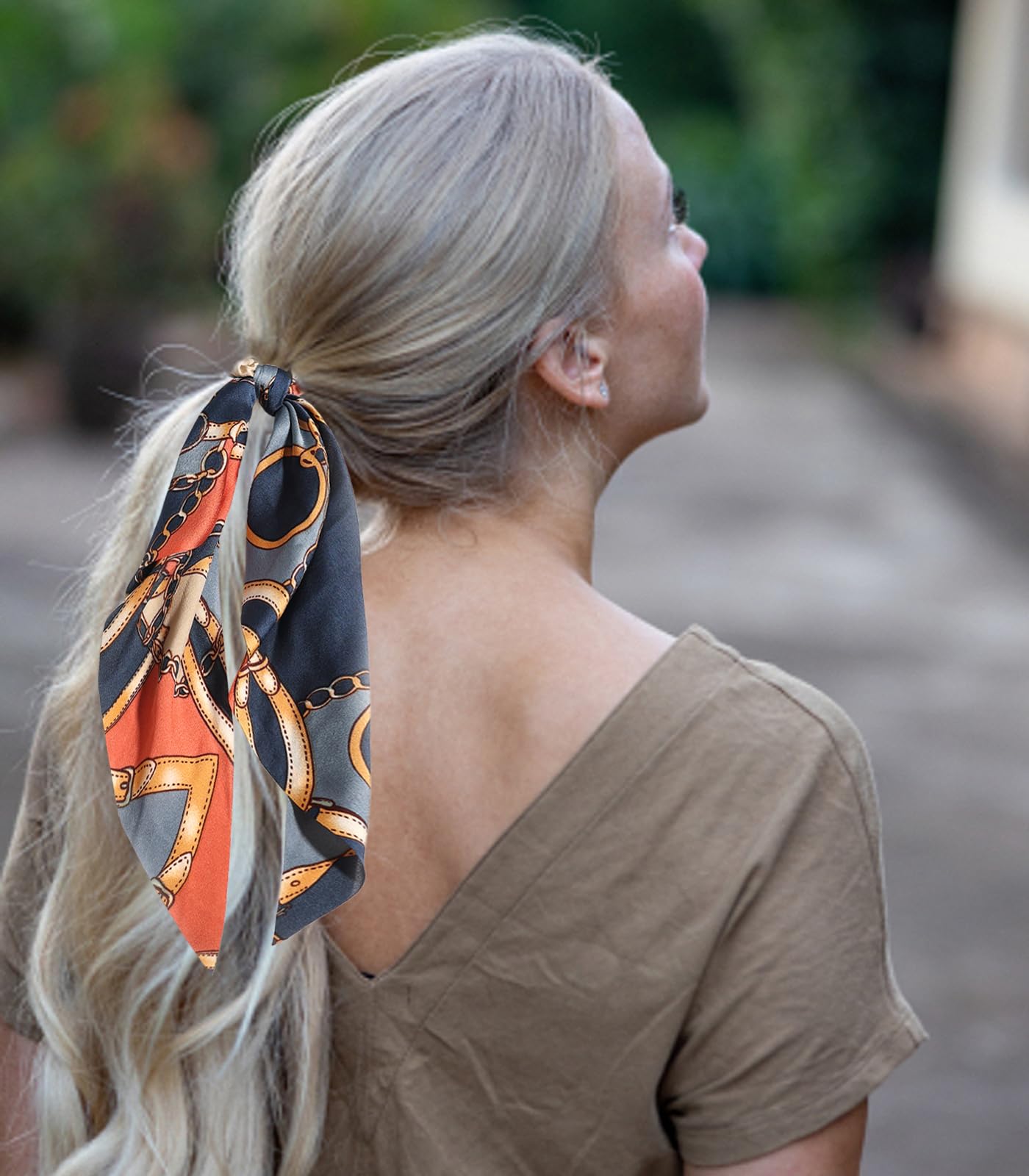 LFOUVRE 4pcs Chain Satin Hair Accessories - Ribbon Scrunchies with Long Tails, Knotted Hair Bands and Elastic Ties for Girls