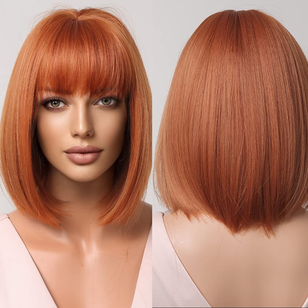 BERON Auburn Wig for Women Red Copper Bob Wig Short Straight Dark Orange Wig with Bangs Synthetic Heat Resistant Wig Cap Included (Auburn)