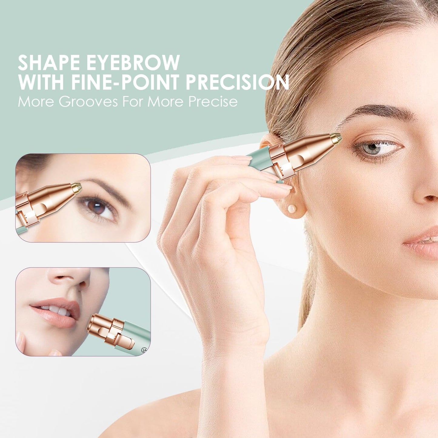 VG VOGCREST Eyebrow Facial Trimmer: 2 in1 Rechargeable Facial Hair Removal and Eyebrow Shaver - Face Lips Body Painless Facial Razor with Built-in LED Light (Pastel Green)