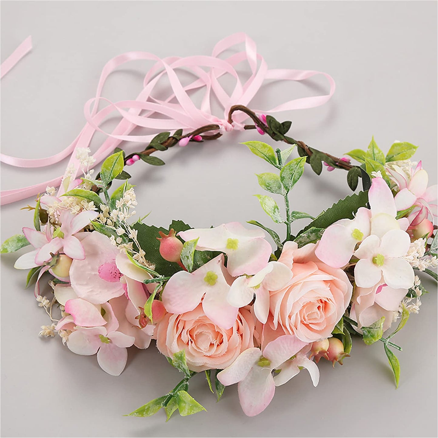 YnimioAOX Handmade Adjustable Flower Wreath Headband Halo Floral Crown Garland Headpiece,M3-baby pink