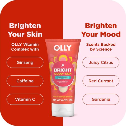 OLLY Bright Body Scrub - Nourishing Exfoliating Cleanser with Ginseng & Caffeine | Citrus Currant, 6 oz