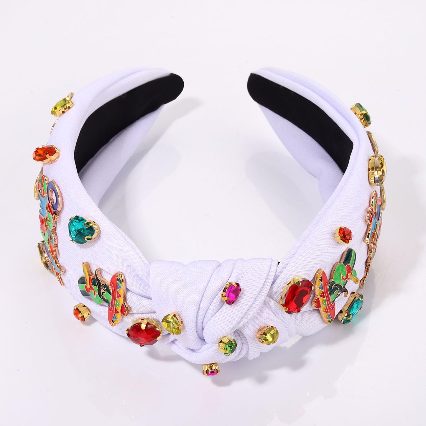 Fiesta Sombrero Knotted Headband - Embellished Crystal Top Knot for Women, Cinco De Mayo Hair Accessory (Mexican-White)