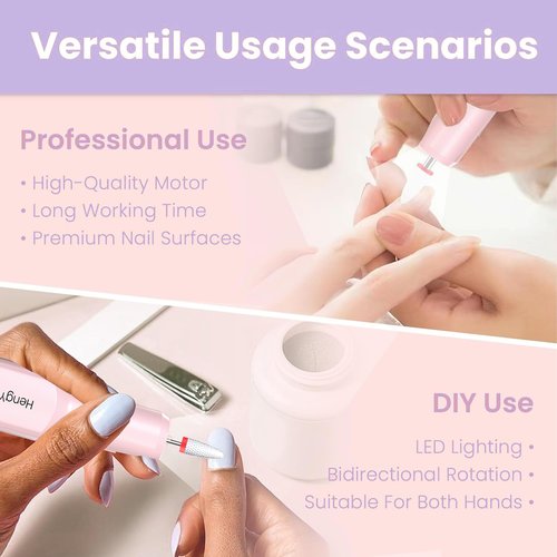 HengYuaoler Cordless Electric Nail Drill Professional 3 Speeds Nail Drill Kit for Acrylic Gel Dip, USB Portable Rechargeable 20000 RPM Efile Manicure Pedicure Polishing Shape Tools(Pink)