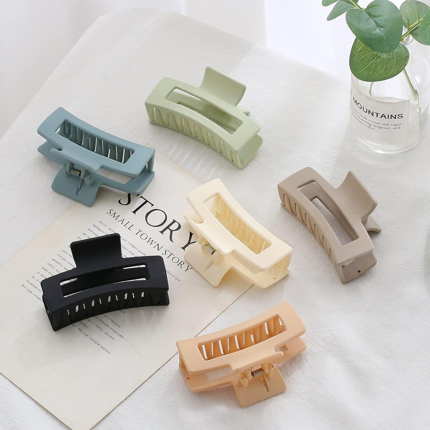 6 Pack Square Claw for Women Girls, 3.5" Medium Non-slip Rectangular Matte Clips Strong Hold Jumbo Hair Styling Accessories, Cool
