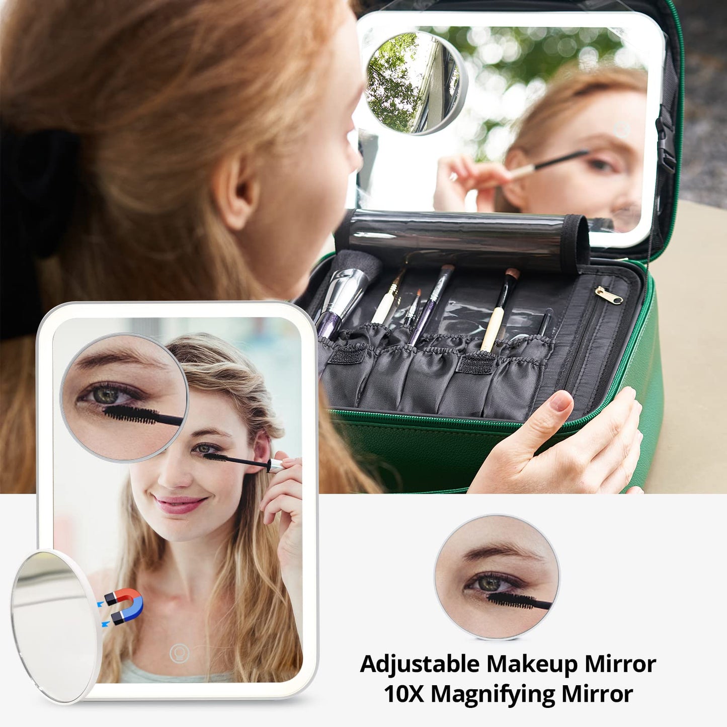Omobolanle Makeup Bag with Mirror Led Light Detachable Portable Make up Travel Train Case with Adjustable Dividers and 10x Magnifying Mirror Green