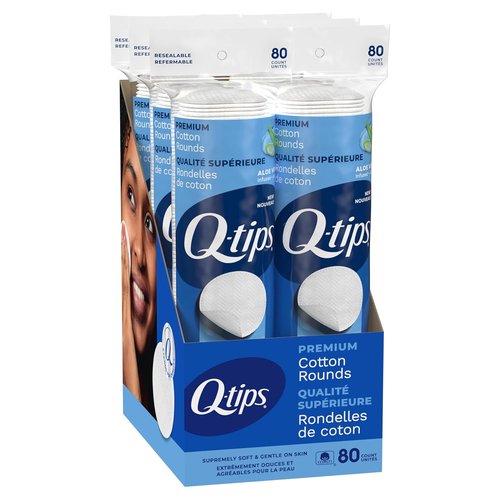 Q-Tips Premium Cotton Rounds - Soft Lint-Free Makeup Remover Pads | 100% Cotton, 80 Count, 6 Pack