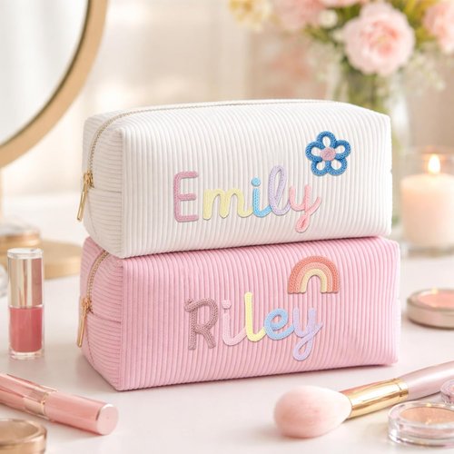 KAINSY Personalized Corduroy Makeup Bag - Custom Name & Pattern Design, Small Travel Pouch | Perfect Gift for Her