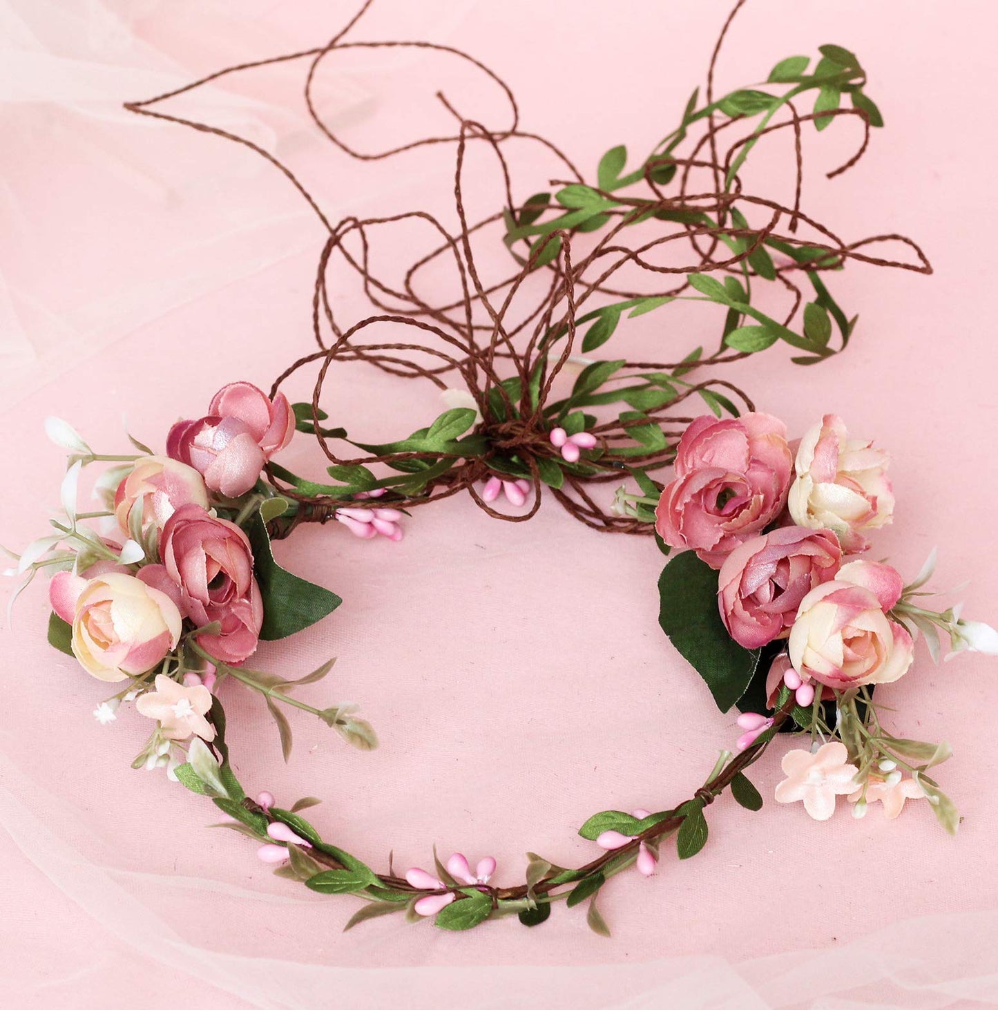 LLinfflr Vine Flower Crown Boho Flower Headband Hair Wreath Floral Halo Headpiece with Ribbon Wedding Party Photos Pink