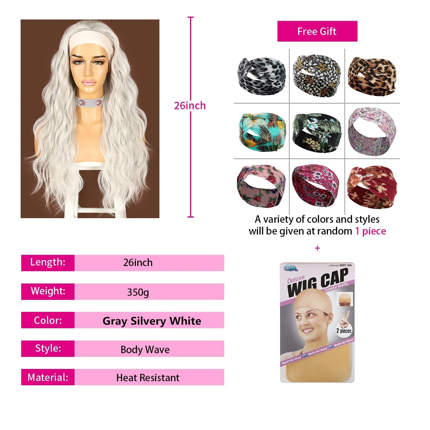 SAPPHIREWIGS Glueless Headband Wig Loose Body Wavy Synthetic Hair Wigs for Black Women Wave None Lace Front Wigs Gray Silvery White Color Machine Made Wigs 26inch 150% Density