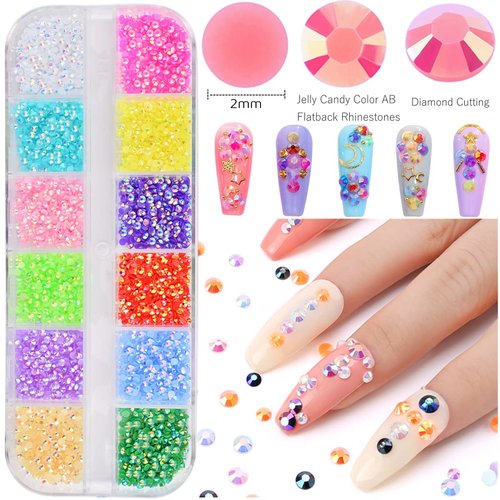 5 Boxes 13200pcs Sparkling Crystal Nail Rhinestones Pearls Kit, Flatback Multicolor Transparent Jelly AB Mermaid Gems with Pick Up Pen and Curved Tweezers for Manicure Salon & Craft DIY Designs (2mm)