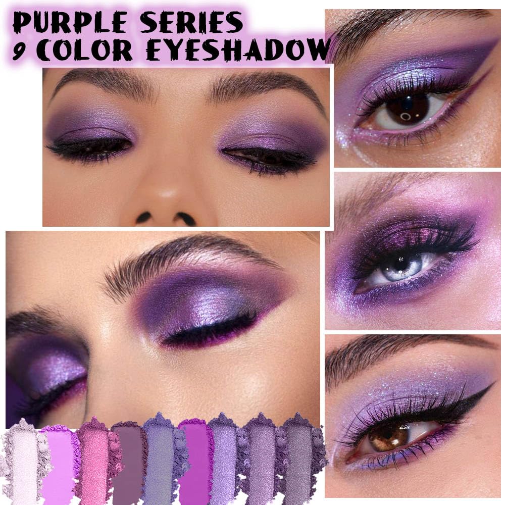 Evpct Purple Glitter Eyeshadow Palette - Highly Pigmented Metallic Shimmer | 9 Vibrant Colors for Stunning Eye Looks