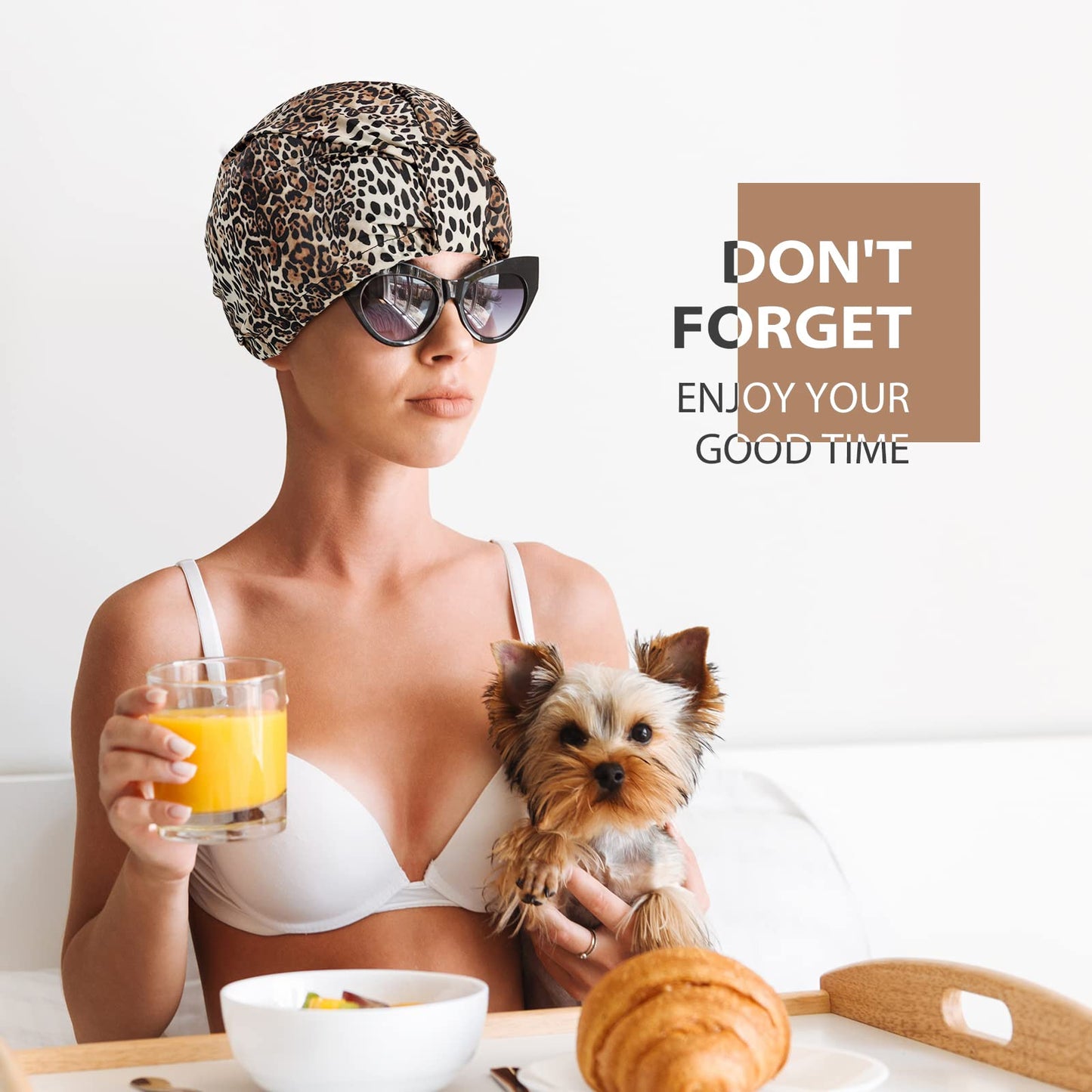 INNELO Luxury Shower Cap for Women Reusable Waterproof, Double Layered Shower Hair Cap with Adjustable Elastic Strap, Large Satin Lined Shower Bath Cap for Long Curly Straight Hair, Leopard