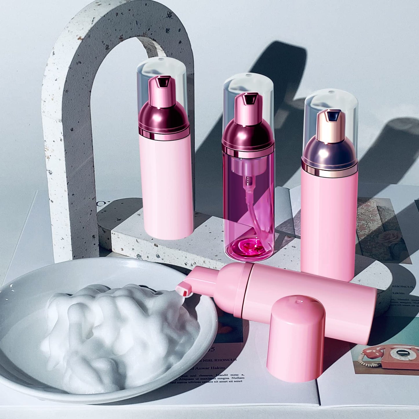 Lil Ray 2 Oz Empty Pink Foam Pump Bottle, Travel Foamer Soap Dispenser for Lash Shampoo, Hand Soap, Foaming Cleaner(Rose Gold Pump, 12 PCS)