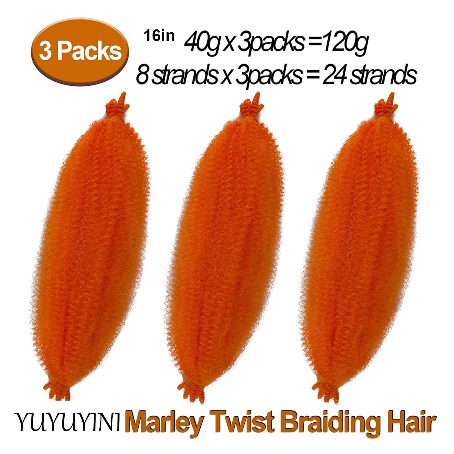 Marley Twist Braiding Hair Orange Springy Afro Twist Hair 16 Inch 3 Packs Pre Fluffed Spring Twist Hair Pre Stretched Wrapping Hair for Soft Locs Hair Extensions for Girl Women