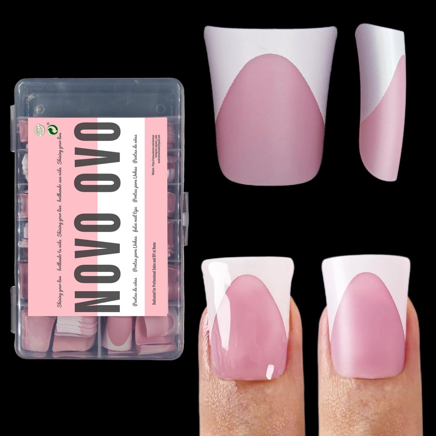 NOVO OVO French Tip Short Duck Nail Tips Press on, Pre-designed Soft Gel Nail Extension, BERRY PINK Pre-applied Tip Primer & Base Coat, Full Cover Matte Vrial False Nails for DIY x 12 Sizes 240 pcs