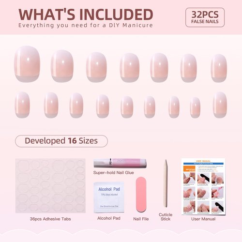 WAFOLOZE Gel Press On Nails - White Ombre Square Short Fake Nails With Glue, 16 Sizes, 32Pcs Reusable Soft Gel False Tips Kit