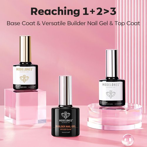 modelones Top Coat with Builder Nail Gel, Nude Pink Color Builder Top Nail Kit for Apex Building Thickening Extension, LED Lamp Cured Color Base Shine Finish Top Coat 10ml Home DIY Salon