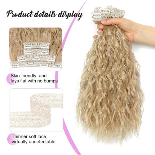 MORICHY Blonde Hair Extensions Clip in curly hair clip in extensions Wavy Seamless Clip in Hair Extensions 16'' Mermaid Waves 4PCS Synthetic Hair Pieces for Women（Light Golden Blonde）
