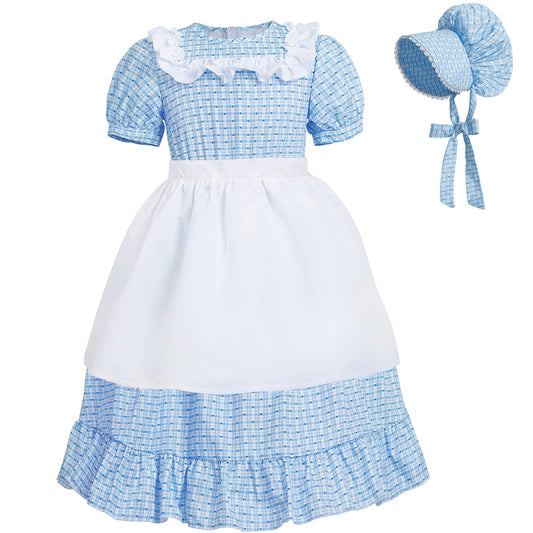 NSPSTT Pioneer Dresses for Girls Colonial Costume Prairie Dresses for Girls Polka Dot Dress, Blue S