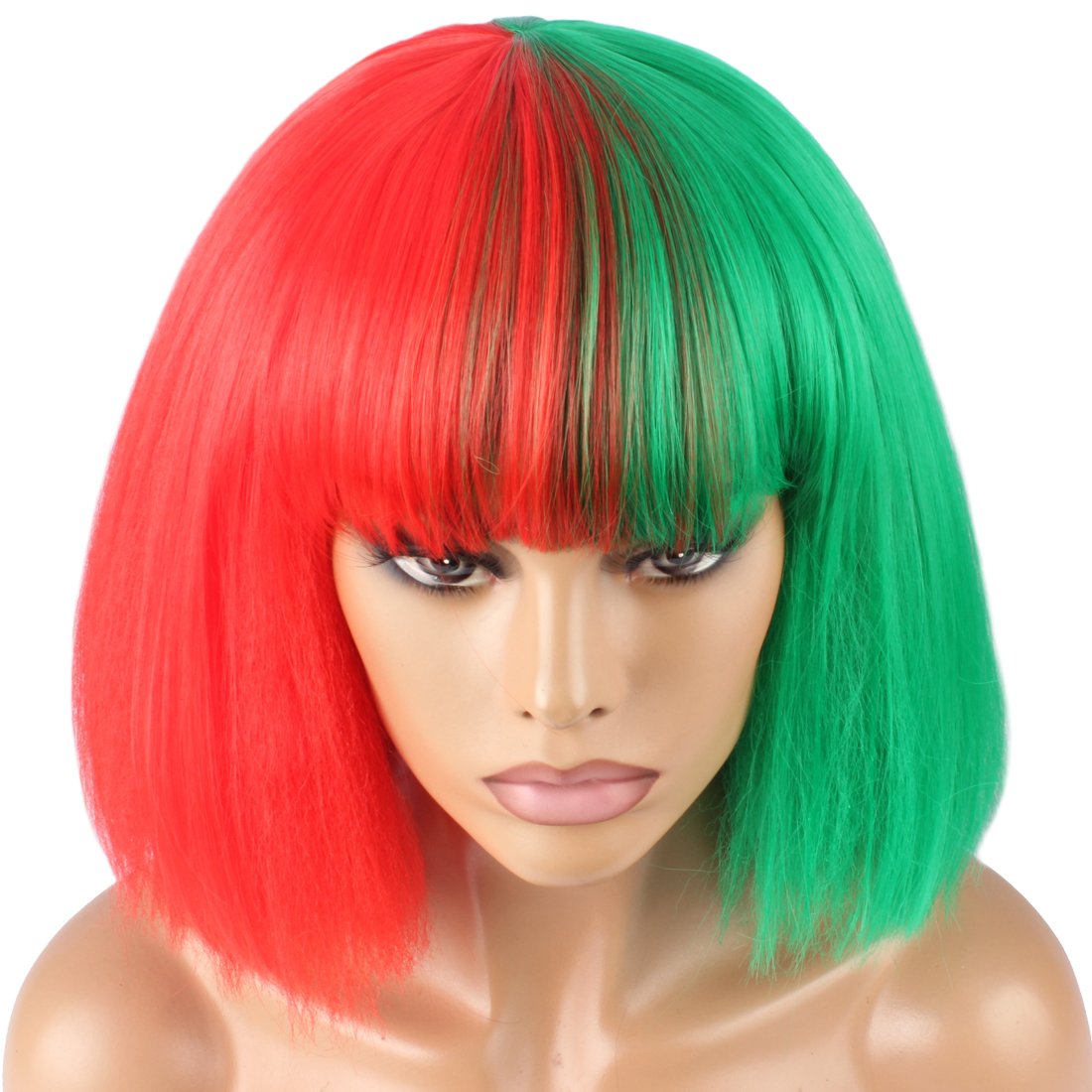 WeKen Fashion Wig Women's Short Bob Kinky Straight Full Bangs Synthetic Hairpieces Red and Green