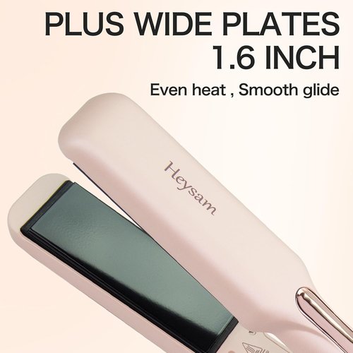 Heysam 2-in-1 Flat Iron Hair Straightener & Curler - Portable Dual Voltage, 1.6-Inch, Fast Heating, Pink
