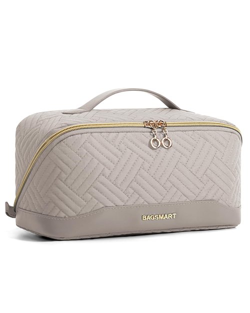 BAGSMART Makeup Bag Cosmetic Bag, Travel Makeup Bag,Water-resistent Makeup Bags for Women Portable Pouch Open Flat Make Up Organizer Case for Toiletries, Brushes, Tranquil Gray