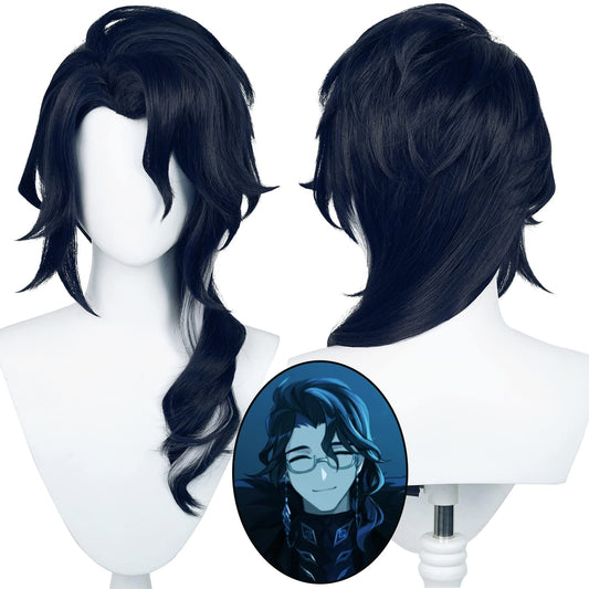 Anime Cosplay Wig Genshin Impact Pantalone Wigs with Dark Blue Custome Hair for Halloween Cosplay Theme Party with Free Cap