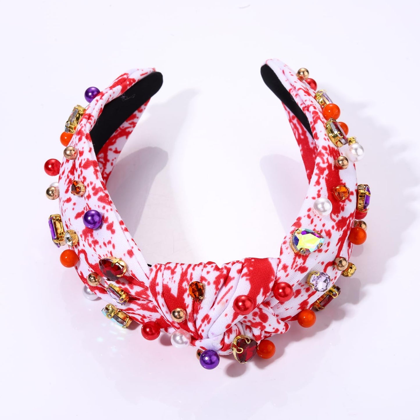 HSWE Halloween Headband Crystal Pearl Knotted Headband for Women Blood Splatter Rhinestone Jeweled Embellished Print Wide Top Knot Hairband Halloween Costume Cosplay Party Favors